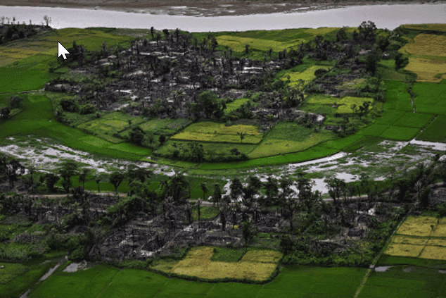 The remains of a burned Rohingya village is seen in this aerial photograph near Maungdaw, north of Rakhine State, Myanmar.